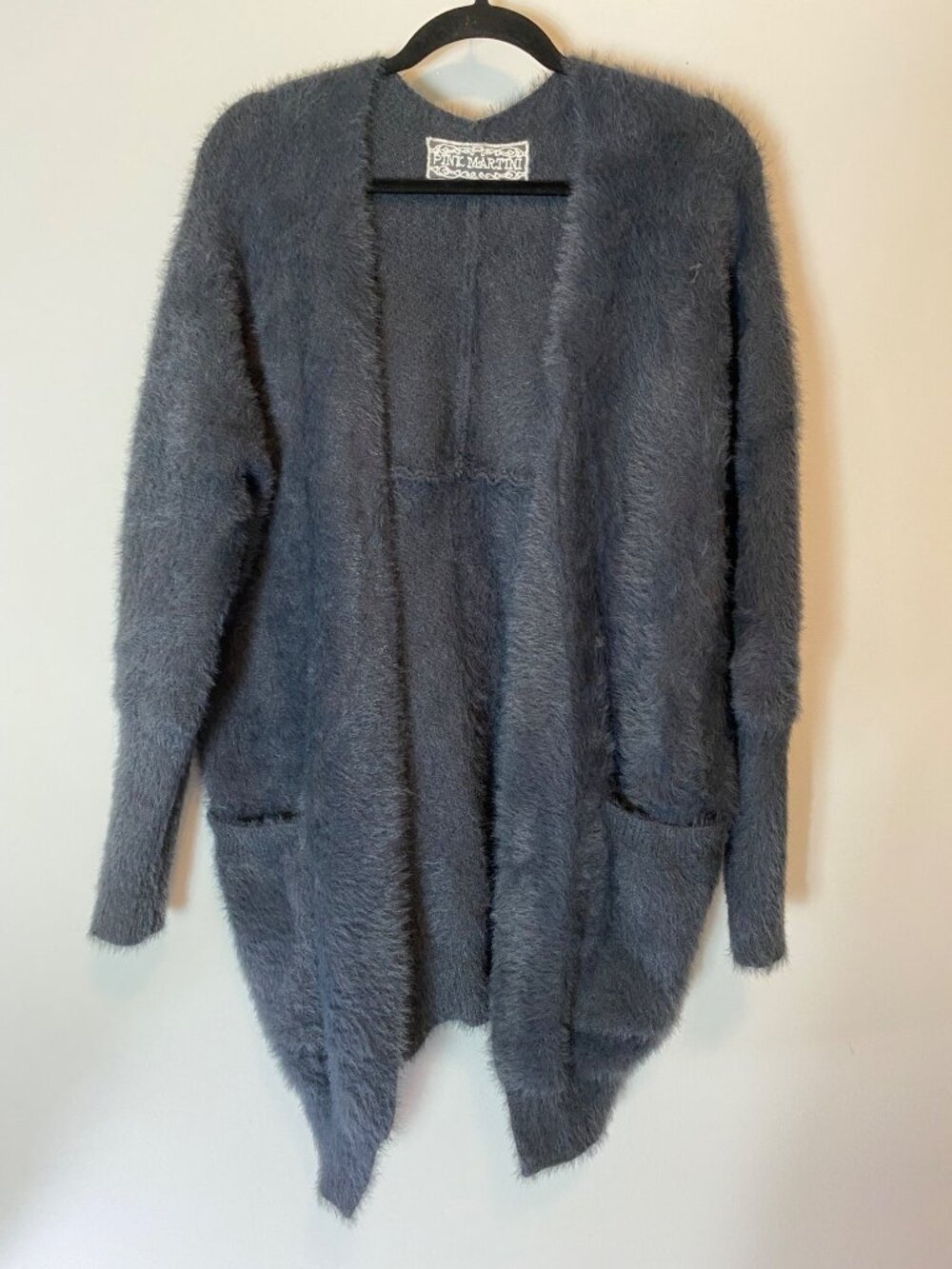 Pink Martini Fuzzy Open Front Cardigan Pockets Charcoal Gray XS Cozy